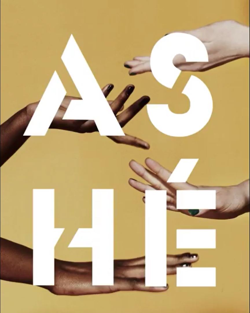 Video screenshot showing four womens' hands on a yellow background with the Ashé block letter logo overlayed on them.