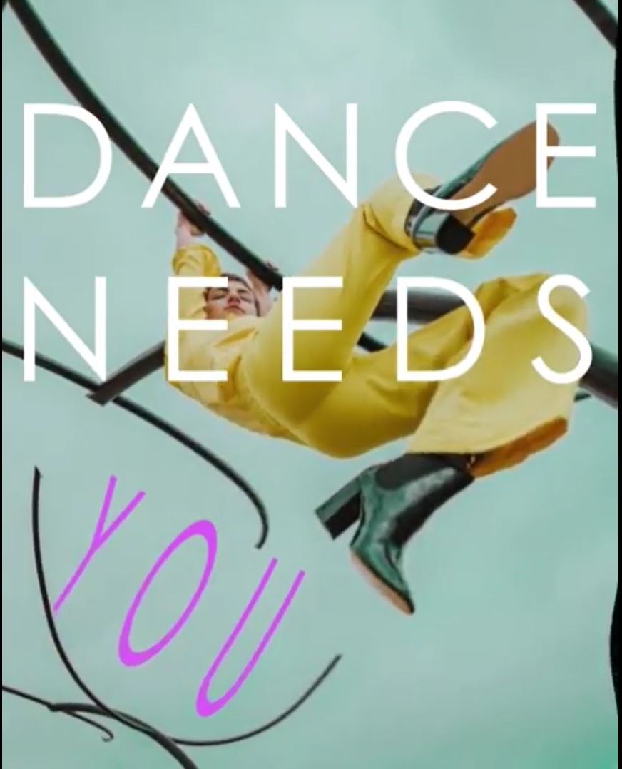 Video screenshot showing a fashion model swinging from monkey bars overlaid with the phrase 