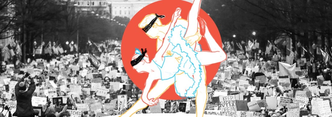 Image of a protest crowd on the mall in Washington, DC overlaid with drawing of two blindfolded ballet dancers.
