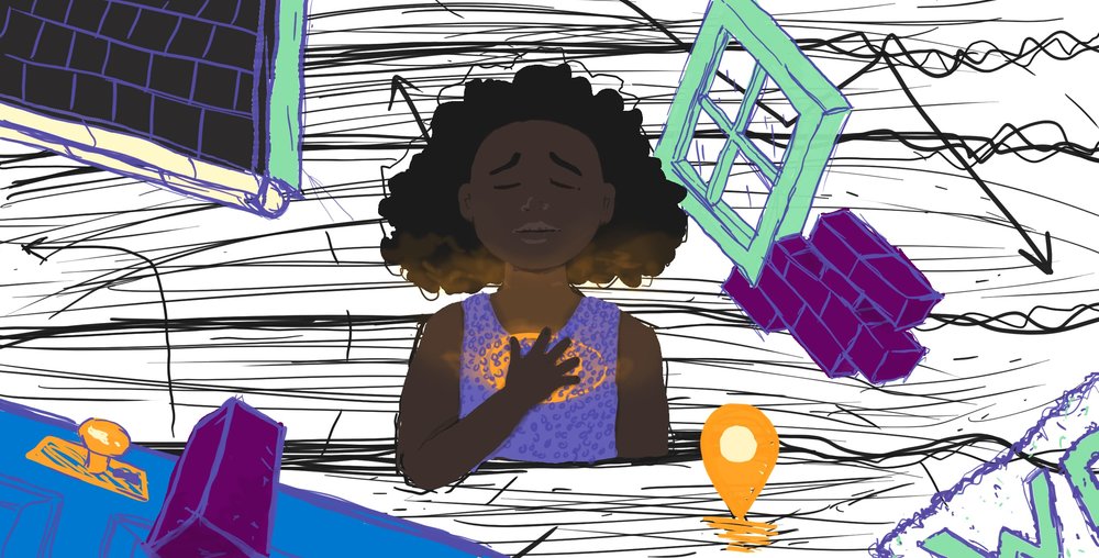 Drawing of little girl holding a ball of light to her heart while a storm whips around her.