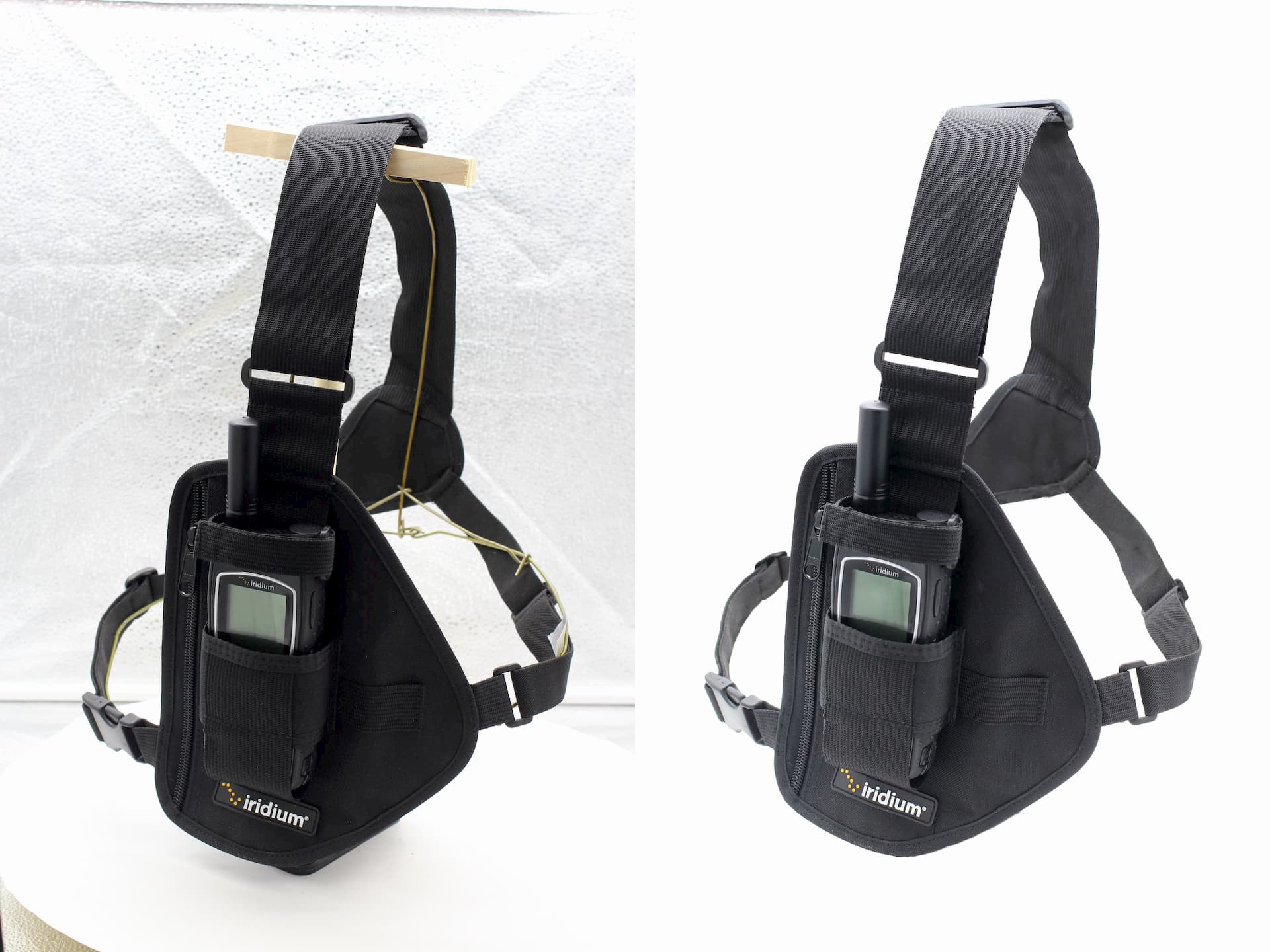 A before and after shot of imagery for a harness that I had to build a rig for and Photoshop the rig out of.